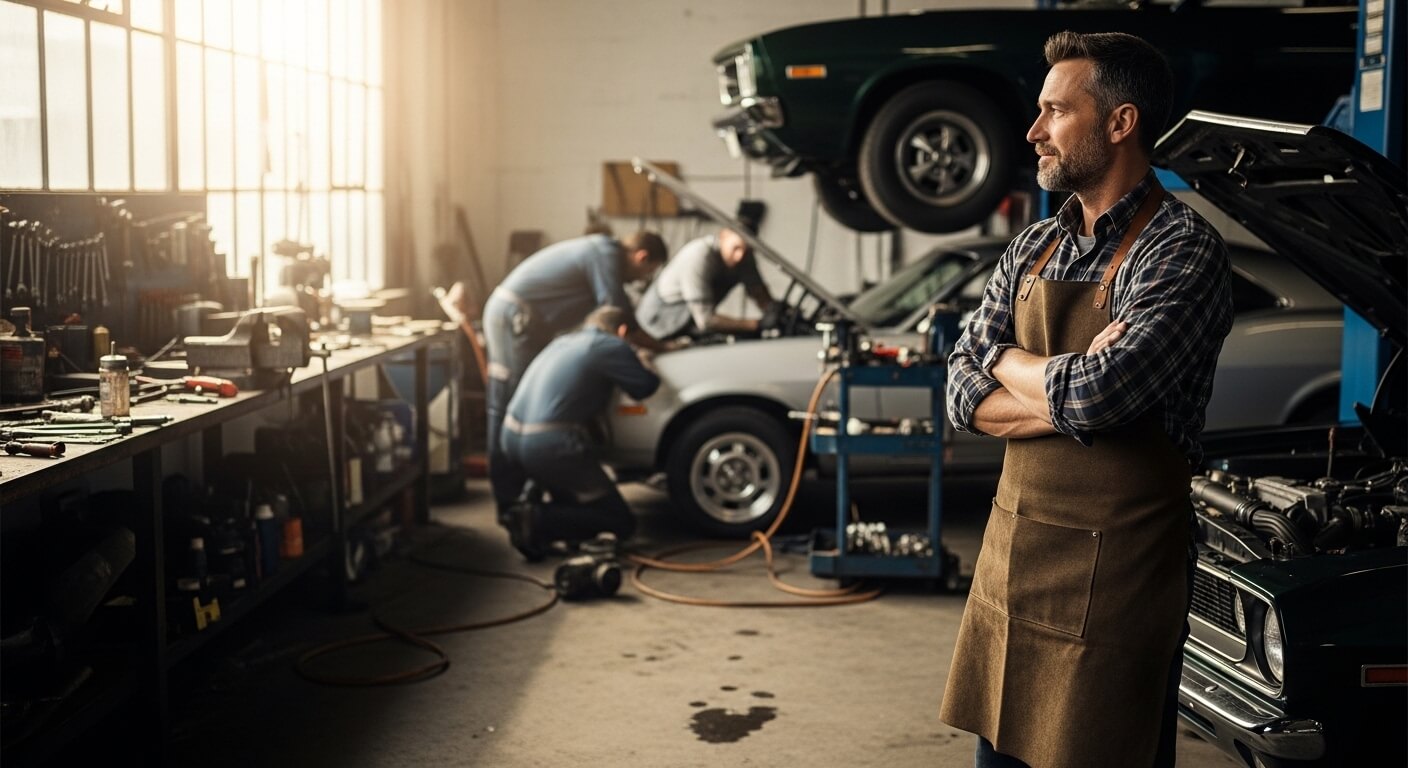 auto repair shop owner observing technicians working inside an automotive repair workshop