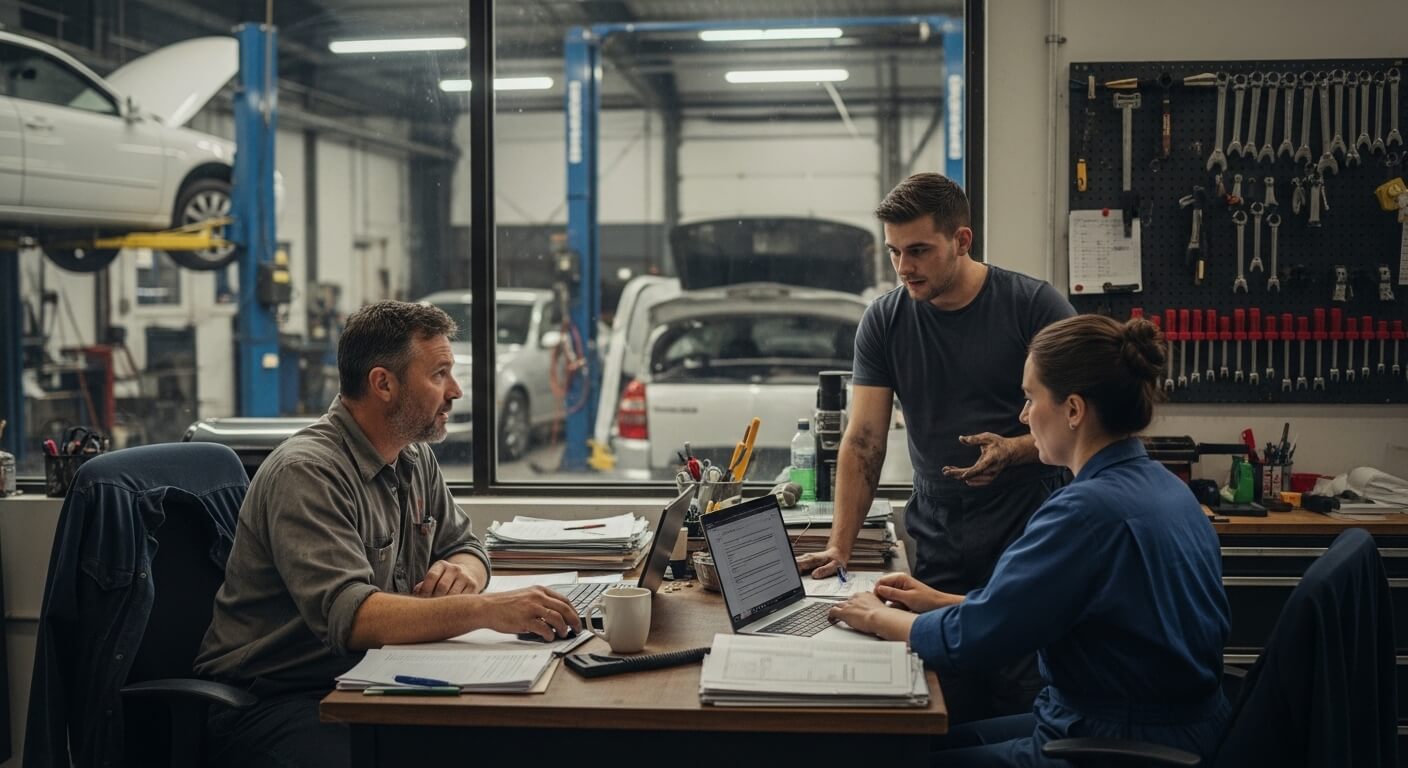 auto repair shop owners discussing business operations and management systems in an automotive workshop