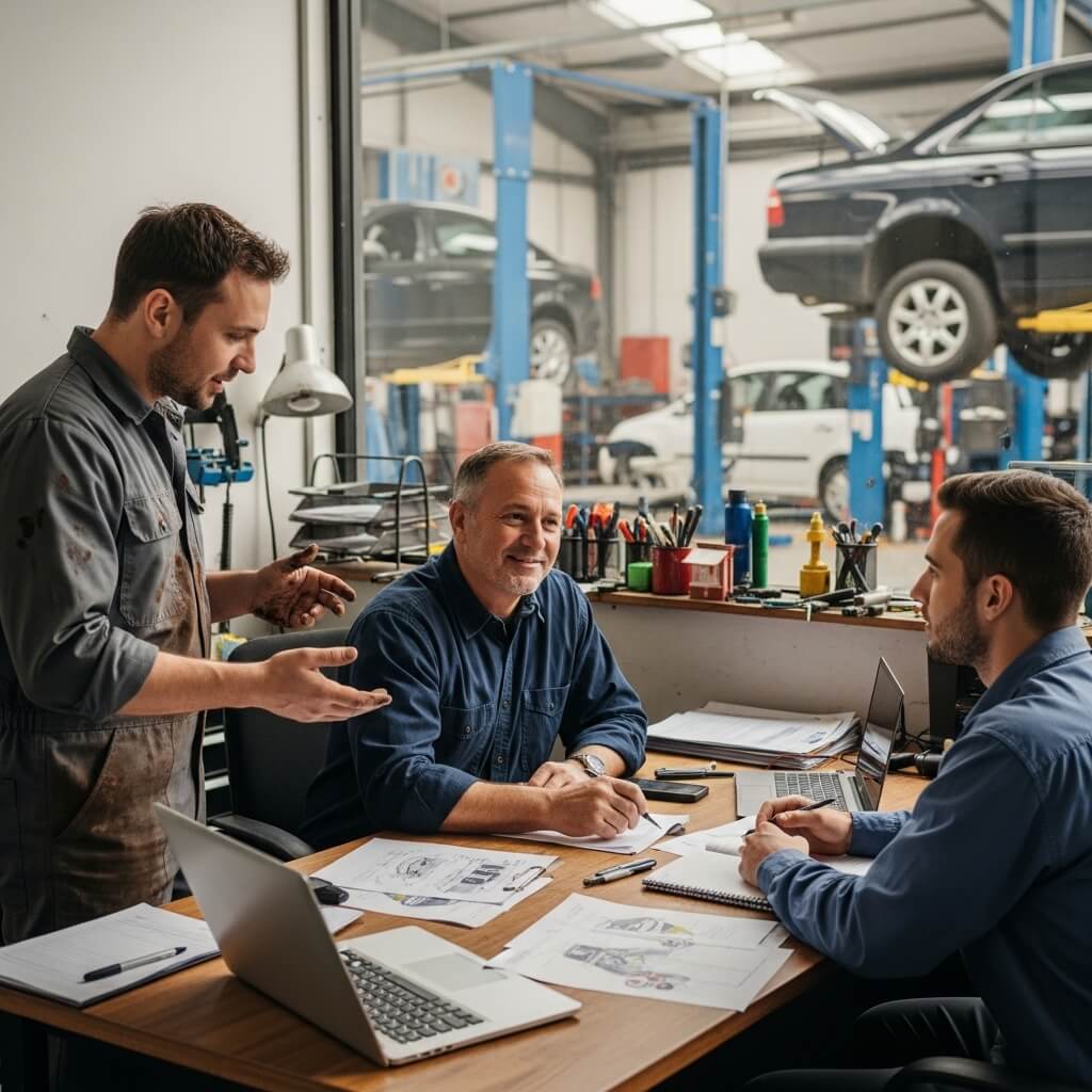 auto repair shop owners discussing business performance and operations inside an automotive workshop office