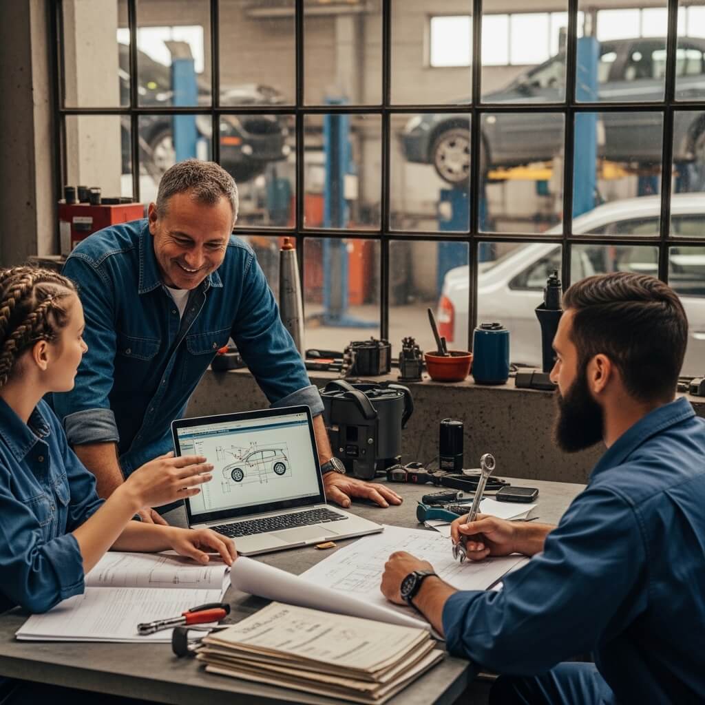 auto repair shop team reviewing plans and discussing business operations inside an automotive workshop office